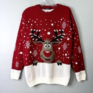 Stylo Red Peeking Reindeer Snowflake Christmas Holiday Knit Sweater Women's Sz S